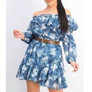 MICHAEL MICHAEL KORS Womens Blue Long Sleeve Fit & Flare Floral Dress L